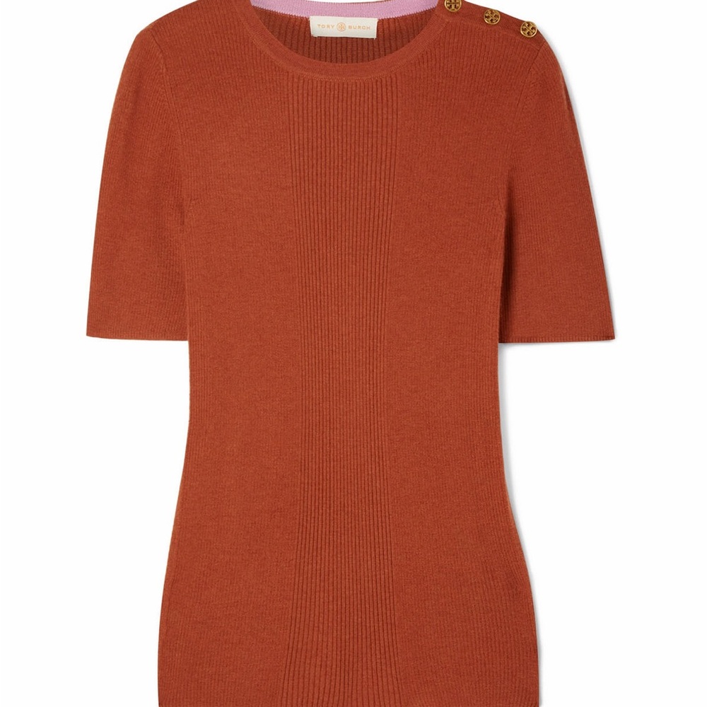 Tory Burch Taylor Cashmere Rib-Knit Short Sleeve Sweater with Buttons